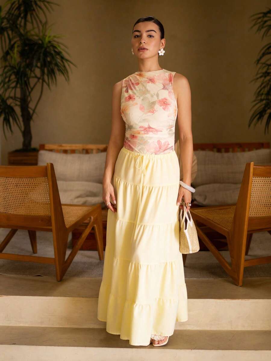 Andrea Bello 女式花卉印花无袖紧身衣，夏季 - 杏色 - 查看 1