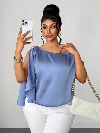 Maweii חולצה אסימטרית עם כתפיים אלגנטיות וסקסיות במידות גדולות, קיץ