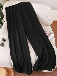 CosyJoli Quần ống rộng bằng cotton trơn màu dành cho nữ cỡ lớn, kiểu dáng thường ngày, có dây buộc eo. - màu đen - Xem 5