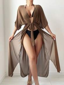 SHEIN Swim Kimono casual de mujer con cuello en V profundo, cintura ceñida, mangas tipo murciélago, para usar de cubrecosas en vacaciones de verano - Café integral - Ver 5