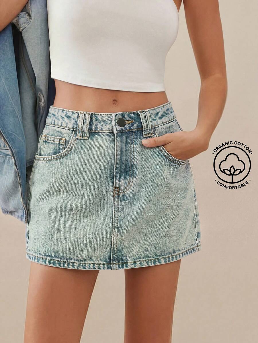 WESTFADE Chân váy mini denim cơ bản cao cấp, chất liệu 91% cotton. - Rửa nhẹ - Xem 1