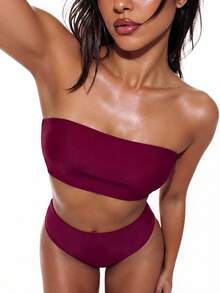SHEIN Swim 2026春夏新款女士露背系带玫红色侧高衩两件式比基尼泳衣 - 中紫紅色 - 查看 4