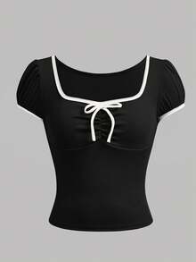 Girlism Teen Girls' Bowknot Puff Sleeve Fitted T-Shirt, Contrast Lace Trim - Black - View 1