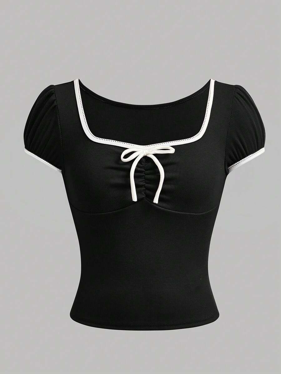 Girlism Teen Girls' Bowknot Puff Sleeve Fitted T-Shirt, Contrast Lace Trim - Black - View 1