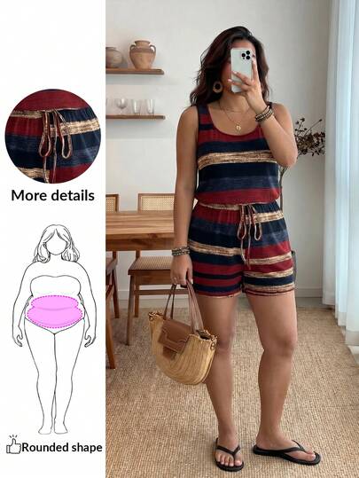 Enliva Plus Size Women Striped Sleeveless Casual Romper, Summer,Vintage