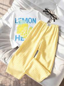 Sparklyn Mädchen Lässiges, süßes kariertes Kirschprint T-Shirt und Hosen Set - Gelb - Übersicht 4