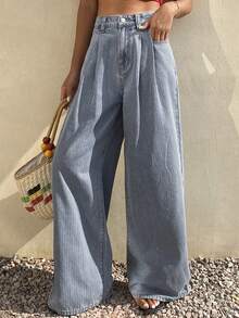 DAZY Quần jeans nữ dáng rộng, ống đứng, kẻ sọc, thích hợp cho mùa xuân và hè. - Màu xanh lam - Xem 1