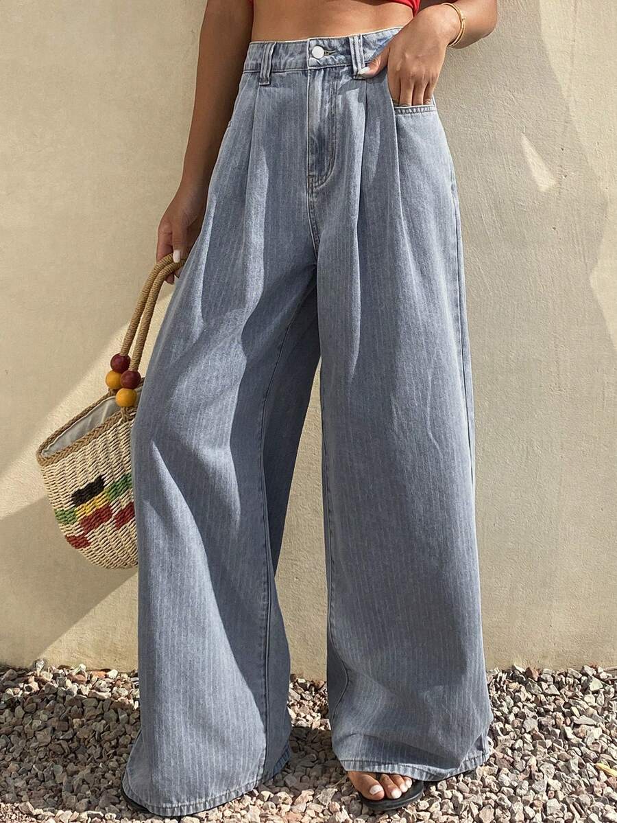 DAZY Quần jeans nữ dáng rộng, ống đứng, kẻ sọc, thích hợp cho mùa xuân và hè. - Màu xanh lam - Xem 1