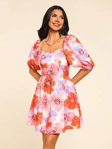Vestido de verano con estampado floral, cuello de corazón y mangas abullonadas - Naranja - Ver 4