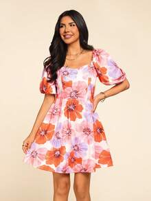 Vestido de verano con estampado floral, cuello de corazón y mangas abullonadas - Naranja - Ver 8