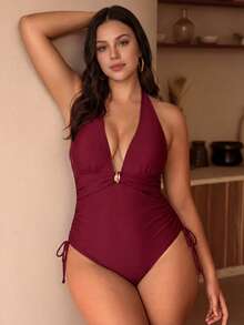 Swim Chiccia Plus Size Women's Solid Color Sexy Halter One-Piece Swimsuit Gym Summer - Rose Red - View 4