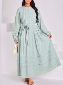 Veilorie Women's Solid Color Round Neck Long Sleeve Button Half Placket Casual Long Dress - Gray green - View 2