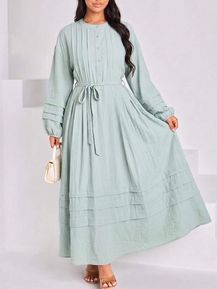 Veilorie Women's Solid Color Round Neck Long Sleeve Button Half Placket Casual Long Dress