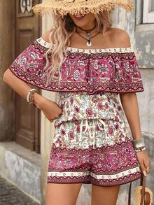 Brillora Setelan 2 Potong Wanita Motif Bunga Boho, Atasan Bahu Terbuka Berkerut dan Celana Pendek Bertali Serut, Warna Beige, Pakaian Kasual Liburan Pantai Musim Panas - Purple - View 11