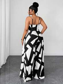 Maweii French Vacation Style Fashionable Printed Plunging Neck Jumpsuit, Waist Cinching Flared Leg Pants For Summer - Black and White - View 6