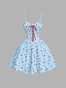SHEIN MOD Đầm thanh lịch thắt eo phối màu in hình quả anh đào, thích hợp cho mùa hè, lễ hội, nhiệt đới, sang trọng, nghỉ mát, quyến rũ, tiệc tùng, thướt tha, tiệc trà, tiệc brunch, phong cách cổ tích, trang phục đẳng cấp dành cho phụ nữ. - Màu xanh lam - Xem 1