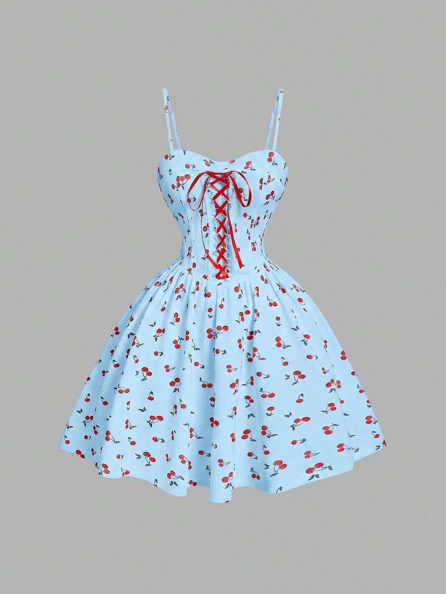 SHEIN MOD Đầm thanh lịch thắt eo phối màu in hình quả anh đào, thích hợp cho mùa hè, lễ hội, nhiệt đới, sang trọng, nghỉ mát, quyến rũ, tiệc tùng, thướt tha, tiệc trà, tiệc brunch, phong cách cổ tích, trang phục đẳng cấp dành cho phụ nữ. - Màu xanh lam - Xem 1