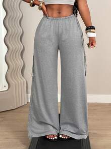 Mistrie Summer Grey High-Waisted Side Tie Wide Leg Pants, Loose Drawstring Casual Sports Trousers - Grey - View 4