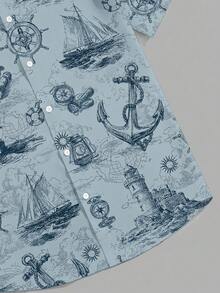 VIVINTIMO Men's Summer Vacation Anchor Print Button Front Short Sleeve Shirt, Holiday - Dusty Blue - View 6