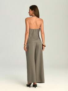 Firerie 女士优雅休闲通勤亚麻西装外套和阔腿裤两件套 / 不规则交叉衬衫上衣和宽松直筒裤套装，优雅套装，教师装 / 女士棕灰色亚麻修身腰部交叉衬衫裤两件套 / 女士两件套，适合妇女节 / 返校季 / 商务休闲女装 / 复古风女装 / 办公室着装 / 套装 / 女士社交西装外套 / 修身露背上衣 / 女士优雅休闲两件套 - 卡其色 - 查看 4