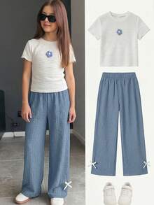 SHEIN Two Pieces Set Featuring A Girl's Blue And White 3D Floral Jacquard Top And Textured Wide-Leg Pants, Pants And Top Set, Ootd For Kids Girl 8 To12 Yrs Old, Youth Girl Clothes, Trouser Shirt For Girls - Blue and White - View 4