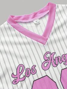SHEIN Tween Girl Casual Daily Street Fashion V-Neck Pink Striped Numeric & Letter Print Loose T-Shirt Top - Pink - View 3