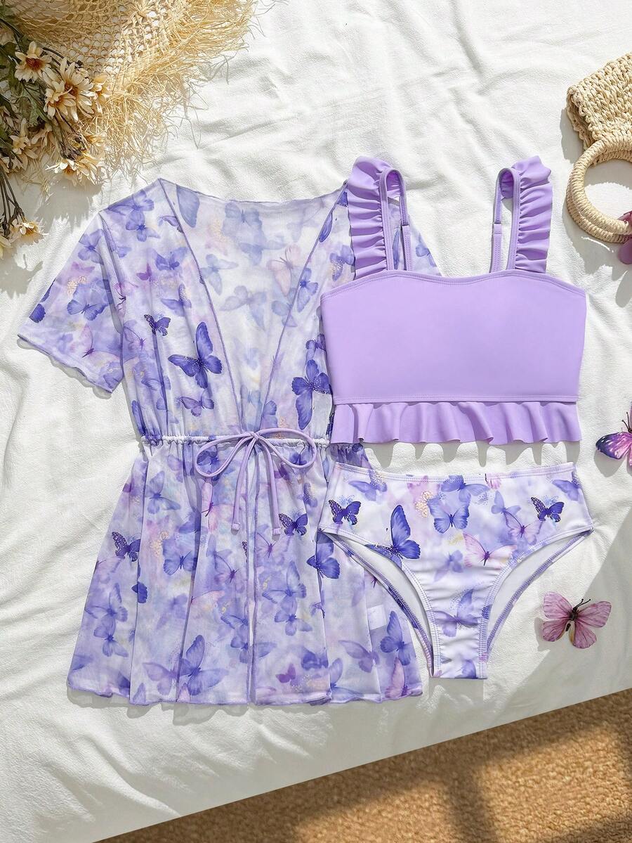 Bikiniset med citronmönster och kimonokofta för tjejer, gula badkläder, 3 delar. Strandoutfit med volangdesign, söt och gullig, lämplig för sommarsemester. - Blåröd - Visa 1