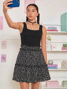 SHEIN Đầm chữ A dệt kim họa tiết hoa nhí màu đen dành cho thiếu nữ, thích hợp cho kỳ nghỉ. - màu đen - Xem 6