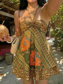 SHEIN Tall Women's Olive Green Summer Boho Jamican Beach Vacation Holiday Paisley Print Bustier Halter Tie Bow Mini Dress,Retro Multi-Color Ruched Tiered Hem - Multicolor - View 1