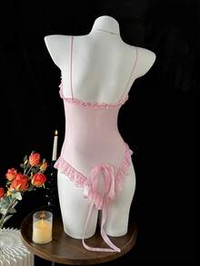 DAZY Lace & Mesh Patchwork Semi-Sheer Floral Decor Bodysuit, Fitted Spaghetti Strap Ruffle Trim Sexy Jumpsuit For Women - Pink - View 10
