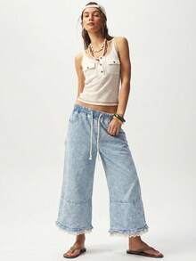 Bohemela Quần jeans nữ màu trơn, cạp chun, túi xéo, phối ren. - Rửa trung bình - Xem 8