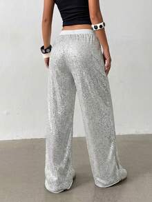 SHEIN Teen Girl Silver Sequin Loose Pants, Shiny Design, Casual For Any Occasion - Silver - View 2