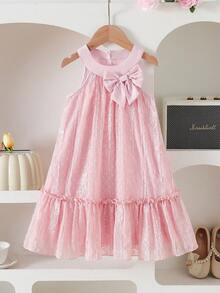 SHEIN Vintaside Kids 女童优雅公主吊带提花刺绣双层荷叶边宽松公主裙，适合度假、旅行、派对、送礼、春秋季穿着 - 粉色 - 查看 6