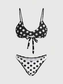 ROMWE Avant Maiô Bikini Feminino, Estilo Boêmio Fofo Preto e Branco com Estampa de Bolinhas, com Sutiã Embutido, Adequado para Férias, Praia, Piscina e Roupas Esportivas, Primavera/Verão 2026 - Preto - Visão 2