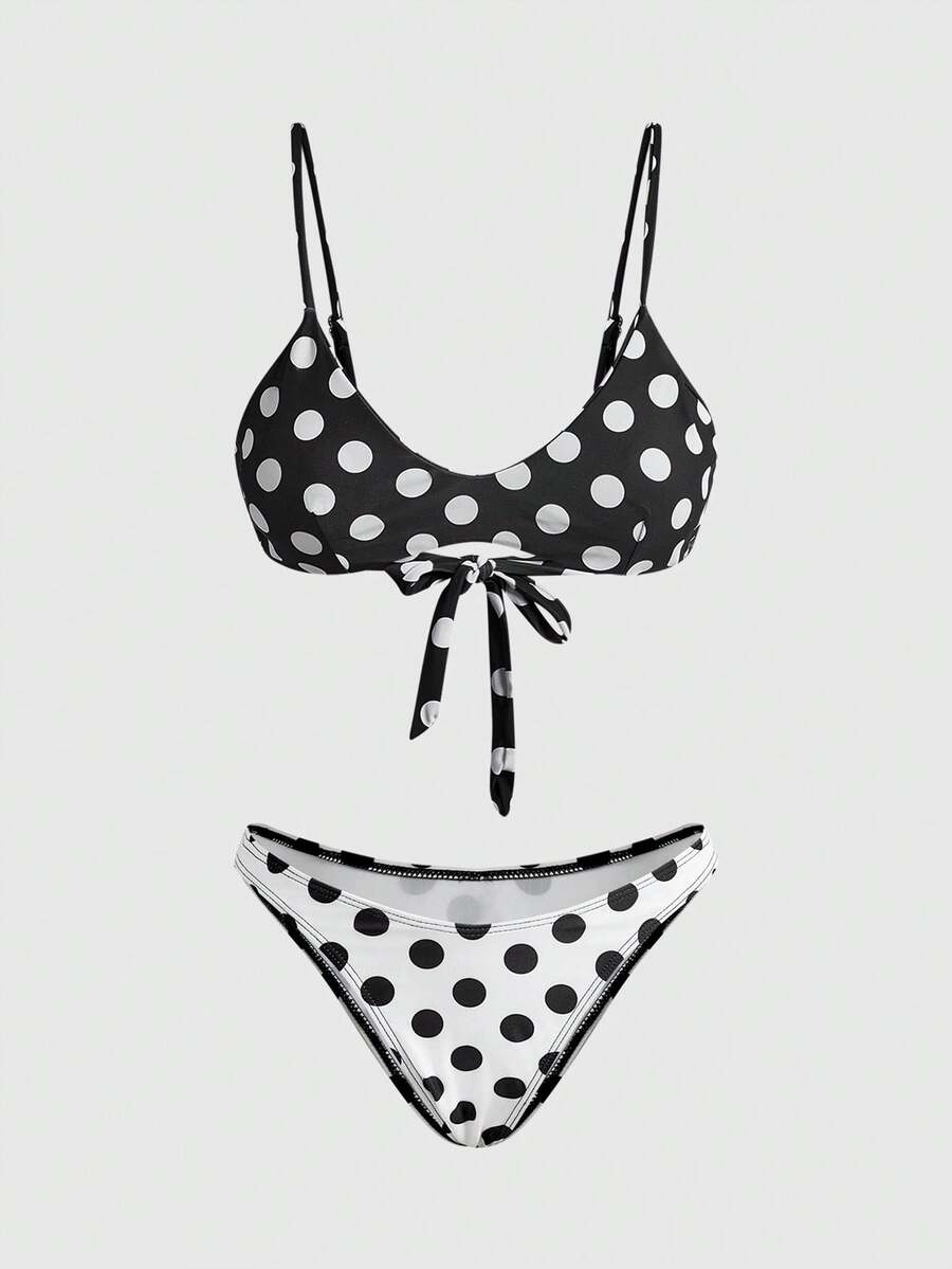 ROMWE Avant Maiô Bikini Feminino, Estilo Boêmio Fofo Preto e Branco com Estampa de Bolinhas, com Sutiã Embutido, Adequado para Férias, Praia, Piscina e Roupas Esportivas, Primavera/Verão 2026