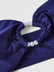 ROMWE Avant 2 pezzi Set da spiaggia di moda da donna, colore unito, top corto senza spalline e pantaloni con lacci laterali, decorazione con perle, elegante per San Valentino, festa in spiaggia, vacanza estiva, bikini sexy con schiena scoperta - Blu Navy - Visualizzare 3