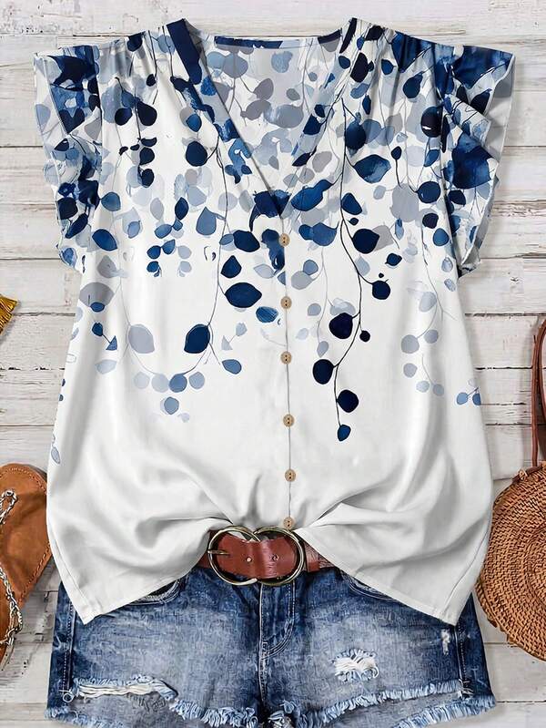 EMERY ROSE Damen Große Größen Blumen Muster V-Ausschnitt Einreiher Lässig Bluse, geeignet für Sommer Alltags Tragen Damen Blusen Sommer Weiß und Blau Oberteil Damen Lässig Tops Große Größen Sommer Bluse Damen Sommer Blusen