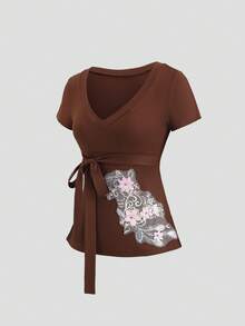Sweetra Áo crop top ngắn tay cổ chữ V kiểu Pháp cổ điển, chất liệu lưới thêu họa tiết, thắt eo, gợi cảm dành cho nữ, thích hợp mặc mùa hè. - Cà phê nâu - Xem 6