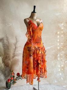 Soleia Plus Size Vintage Bohemian Animal Print Orange Jellyfish Ruffle Trim Shiny Chiffon Dress Beach Vacation Summer - Multicolor - View 14