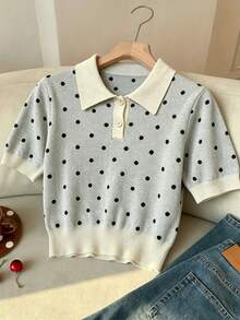 SHEIN EZwear 女款針織波點 Polo 領短袖上衣，優雅通勤百搭，夏季款 - 彩色 - 查看 4