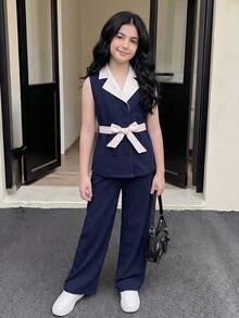 Busana Anak Perempuan, Atasan Tanpa Lengan Berkerah dengan Blok Warna Dipadukan dengan Celana Kasual Serbaguna, Cocok untuk Berpergian, Jalan-jalan, Gaya Kasual Chic, Musim Panas - Navy Blue - View 6
