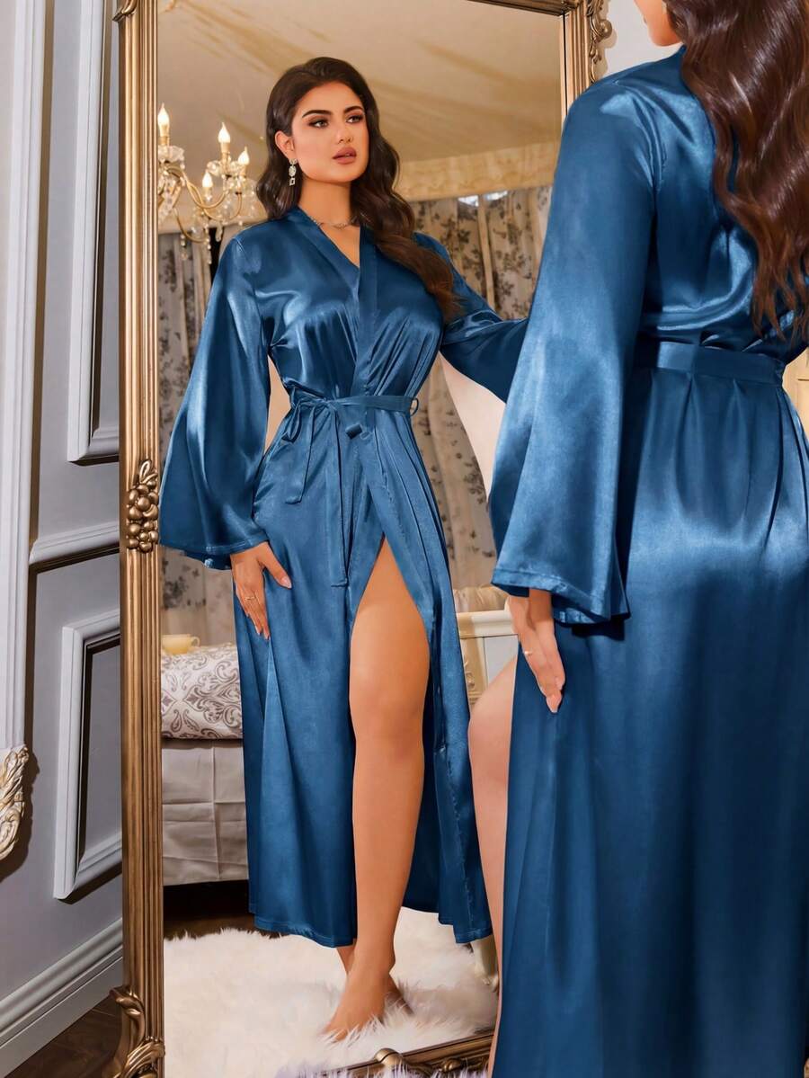 LuxeNights Áo choàng dài rộng rãi, thanh lịch kiểu Pháp, đồ ngủ nữ. - Màu xanh ngọc - Xem 1