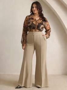 Anewsta Quần ống loe kaki cạp cao hai lớp có túi, thanh lịch dành cho nữ, mùa xuân/thu. - Màu Khaki - Xem 6
