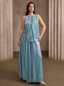 Flouryn Pantalones anchos de uso diario versátil y casual con cordón en la cintura para mujer de talla grande - Azul - Ver 1