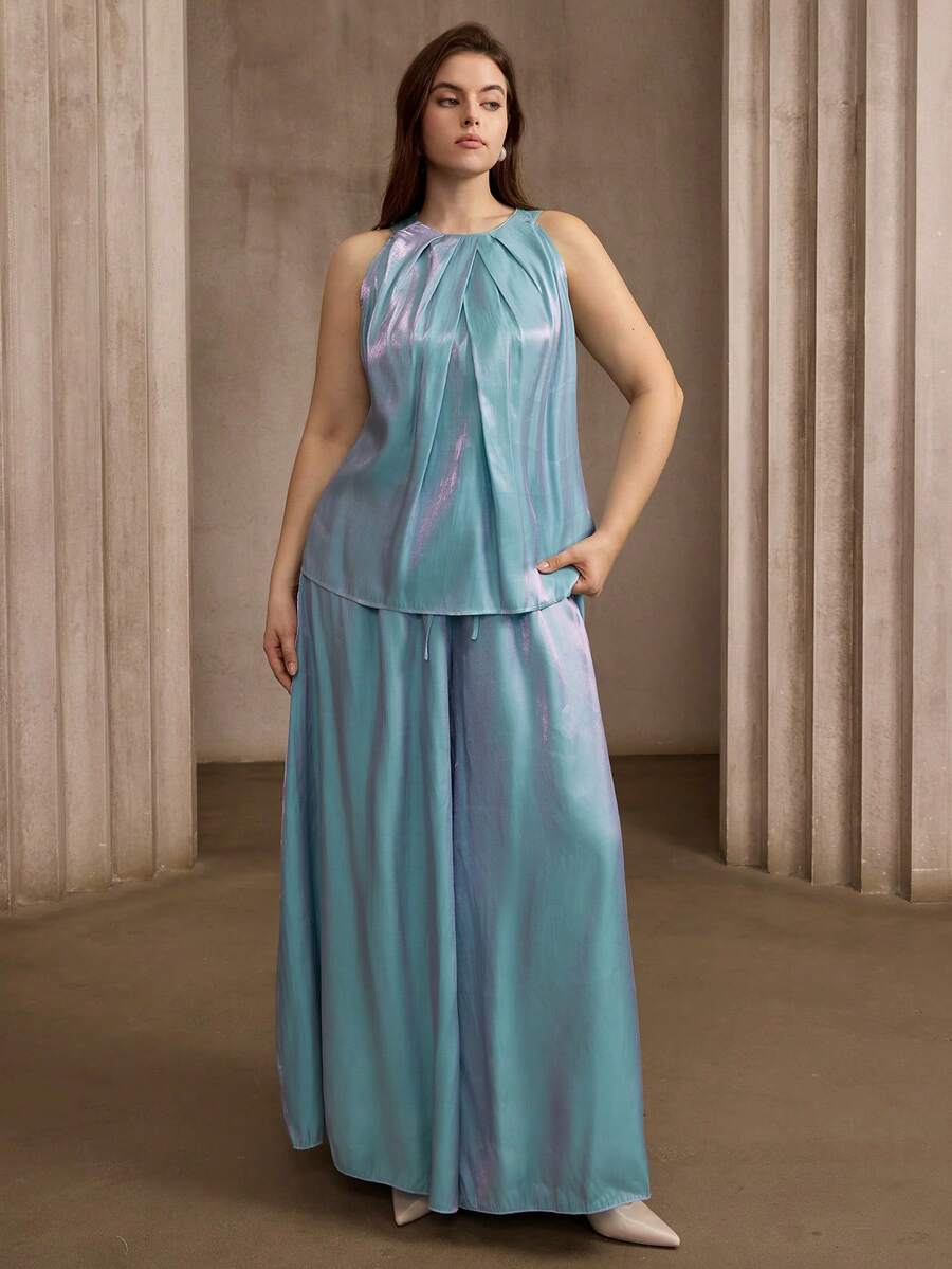 Flouryn Pantalones anchos de uso diario versátil y casual con cordón en la cintura para mujer de talla grande - Azul - Ver 1
