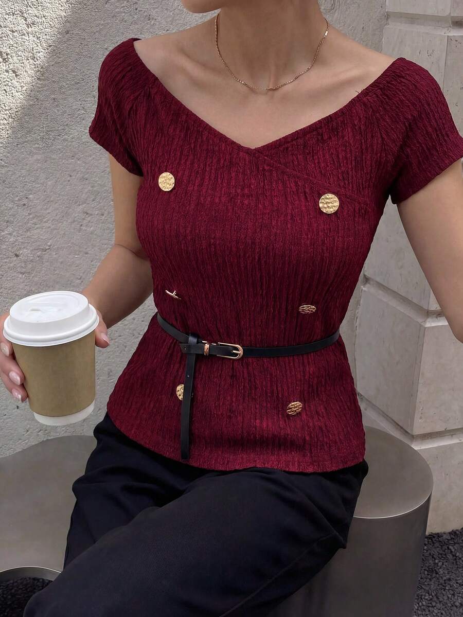 Modelyn Burgundy Summer Elegant V-Neck Peplum Top For Women,Textured Slim-Fit Blouse With Gold Button DetailBelted Waist,Brunch Office Party Knit Outfits