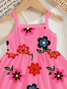 1件女婴休闲可爱花卉植物印花针织吊带连衣裙，夏季度假连衣裙 - 粉色 - 查看 4