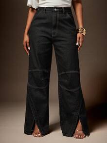 Vixey Jeans de pierna ancha de uso diario versátil y casual con bolsillos y botones para mujer - Azul lavado oscuro - Ver 1