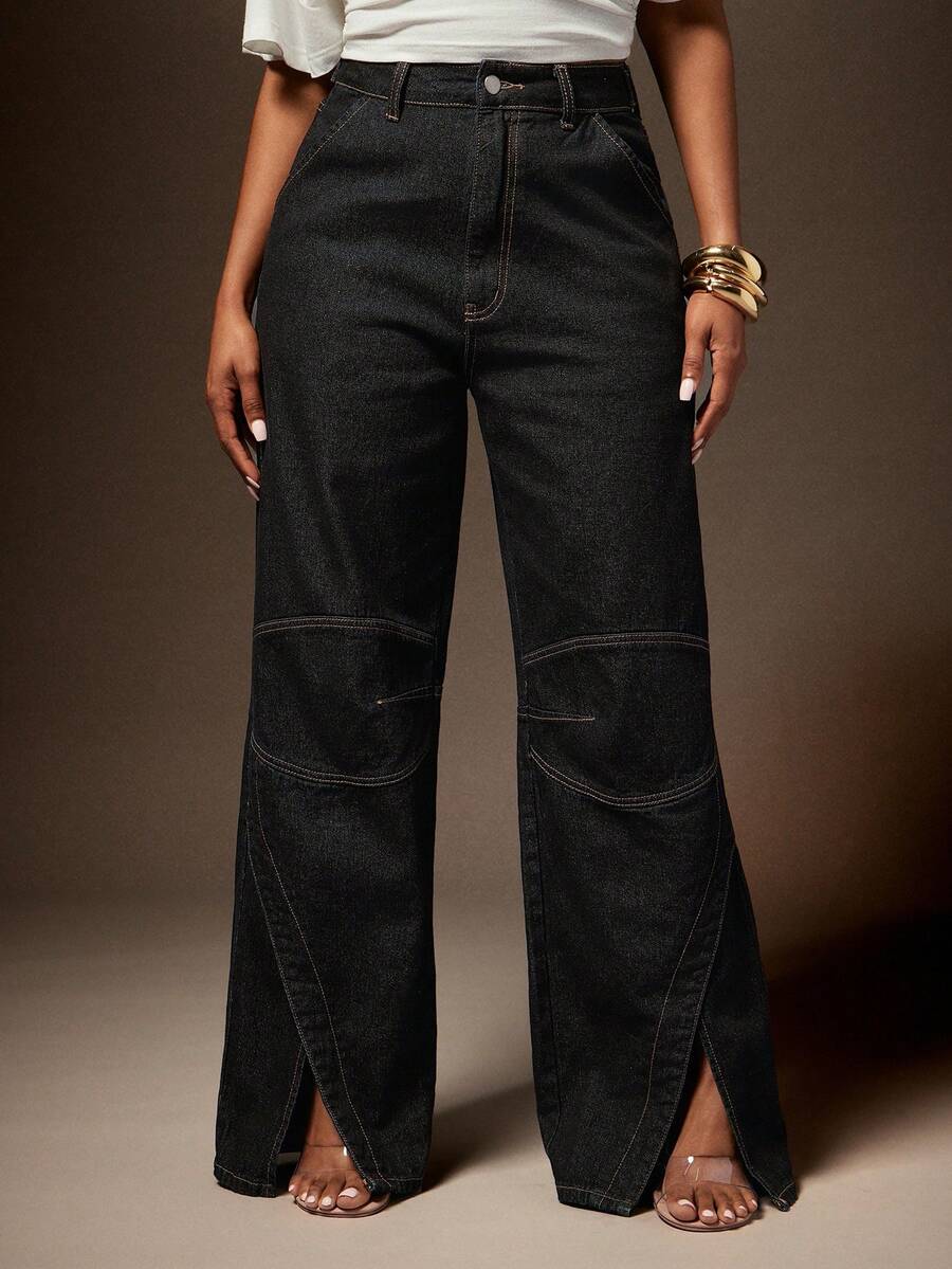 Vixey Jeans de pierna ancha de uso diario versátil y casual con bolsillos y botones para mujer - Azul lavado oscuro - Ver 1