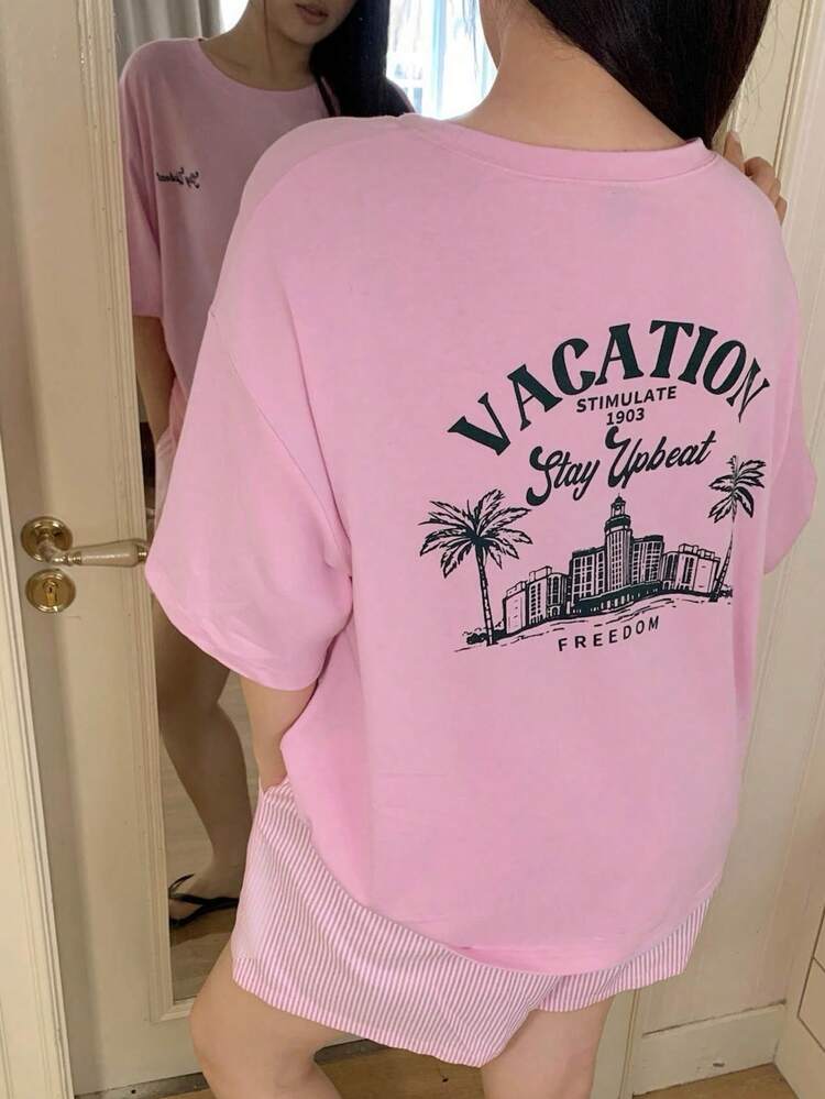 Dazy Plus Plus Size Women's Casual Vacation Loose Letter Print T-Shirt And Shorts Pajama Set, Pink, Spring/Summer